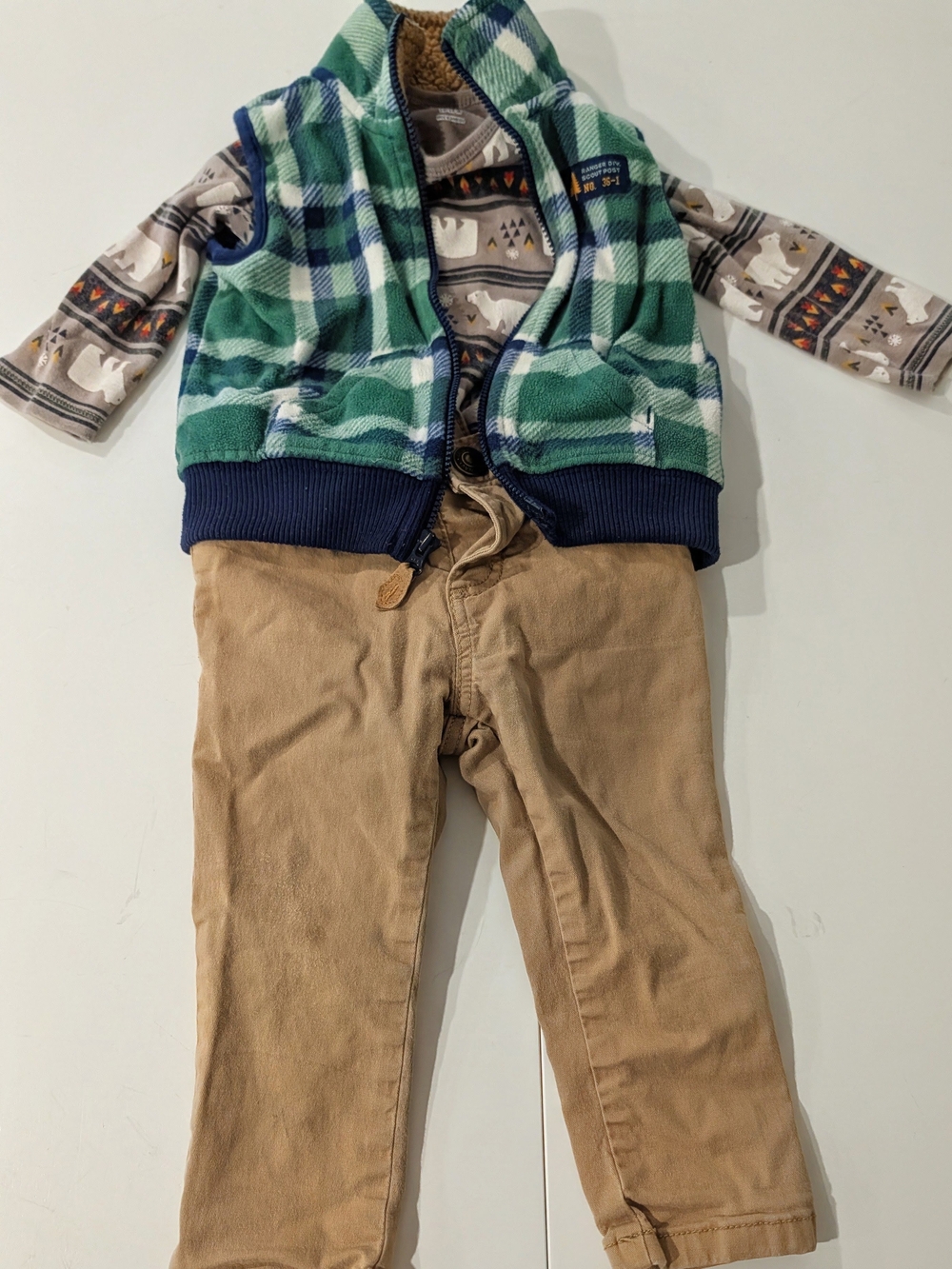Burt's Bees Baby Green Plaid Sherpa-Lined Vest Set with Tan Pants